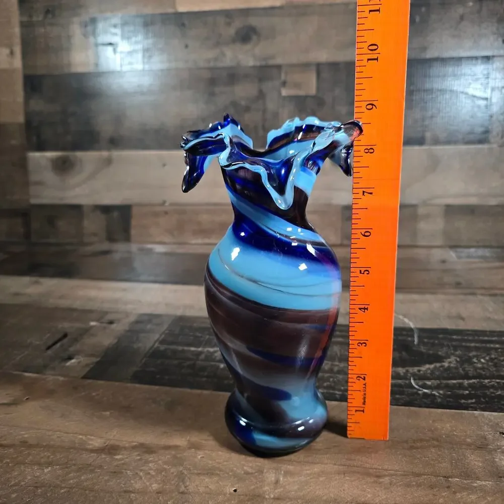 Vintage Smith's Old Timer Hand Blown Multi Colored Glass Ruffled Vase